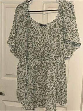 BloomChic White Floral Blouse with Green Print